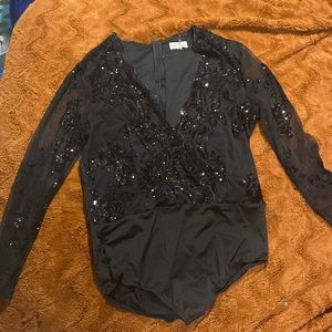 Never worn black sequin Souther Fried Chics bodysuit Size M